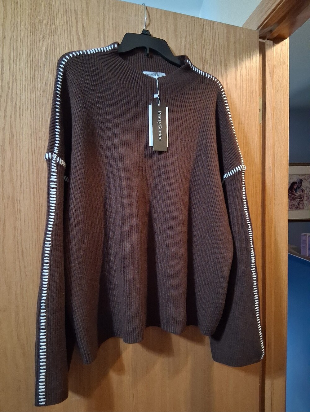 PrettyGarden brown knit pullover long sleeve sweater, ribbed, decorative Stitch
